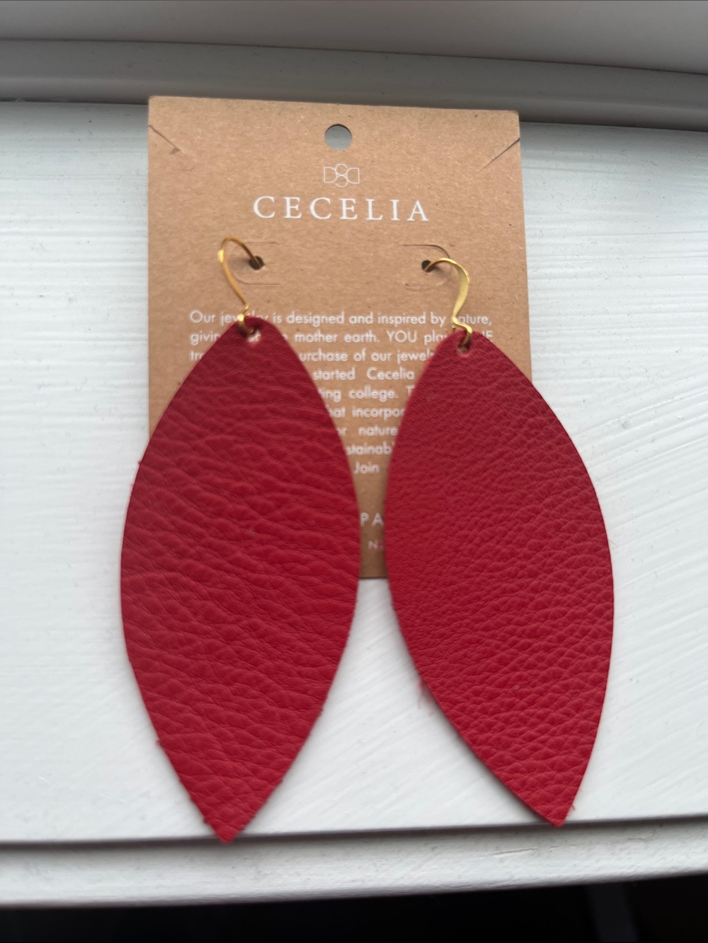 Cecelia Red Leather Leaf Drop Earrings with Gold Hooks